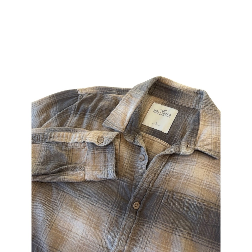 Hollister Mens Plaid Flannel Shirt Tan Gray Large